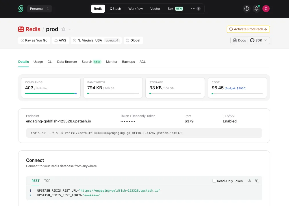 Redis database details in the Upstash Console