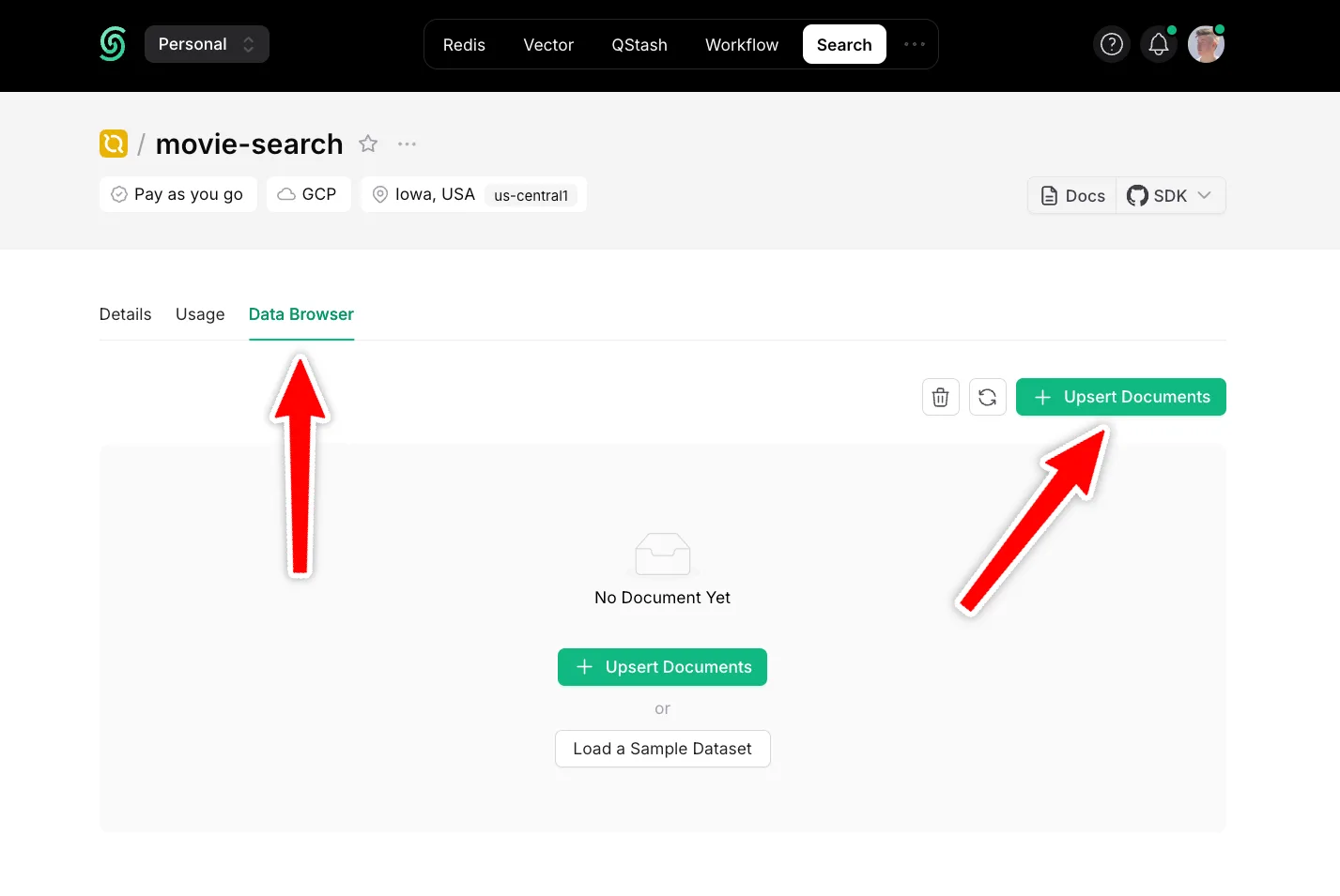 Add data to a Search database