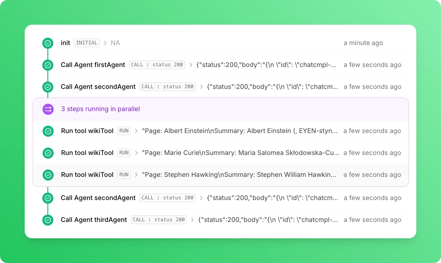 Prompt chaining workflow logs