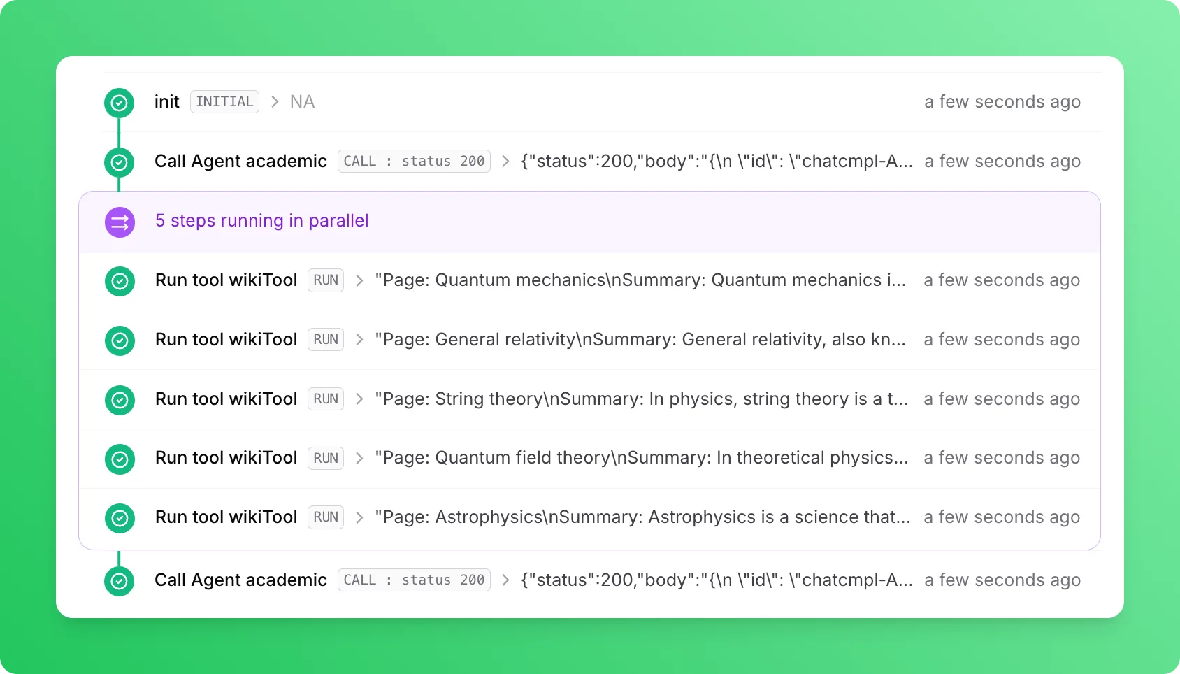 Single-agent workflow logs