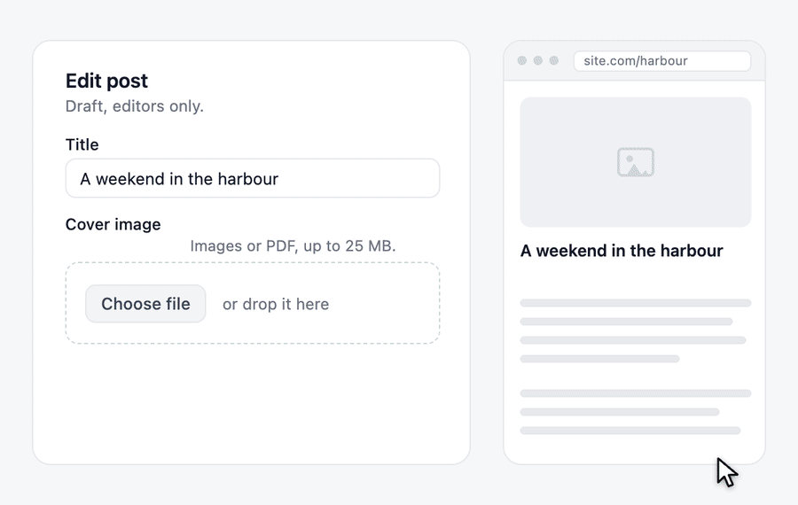 Choose a cover image in the admin form, watch it upload, fill in the alt text and save, then replace it and see the site preview update on a new path